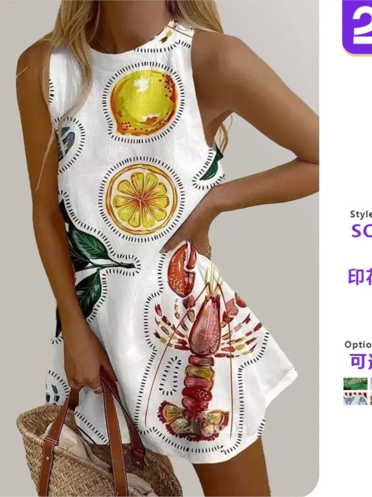 2025 Summer Casual print loose mini Dresses For Woman Fashion Beach Marine elements Dress o-neck  Sleeveless party Dress