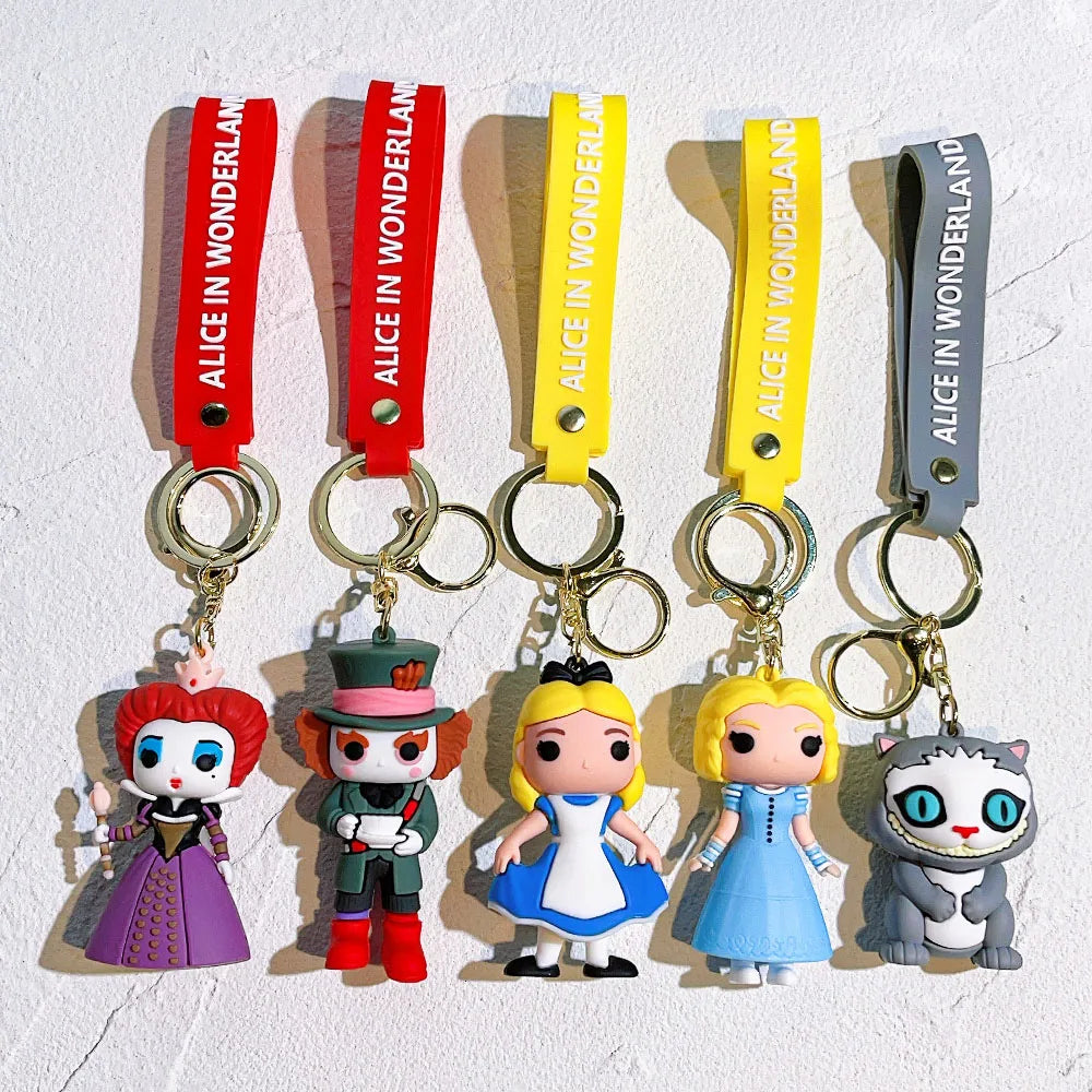 Alice in Wonderland Silicone Keychain Lovely 3D Anime Film Figure Key Chain Keyrings Backpack Bag Car Accessories Gift