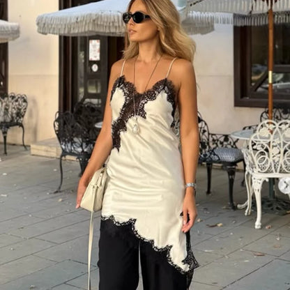 HXAO Slip Womens Dresses Sleeveless Black Lace Dress Woman Asymmetrical Elegant Party Dresses Sexy Backless Satin Yellow Dress