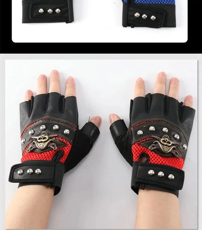 Pirate Captain PU Leather Fingerless Gloves Men Women Skulls Rivet Mitts Hip Hop Gym Gloves Female Moto Half Finger Gloves