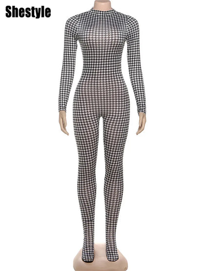 Shestyle Plaid Bodycon Jumpsuits Women with Stocking Sporting Turtleneck Casual Winter Fashion New Zipper Fitness Clothing New