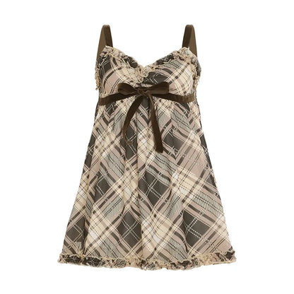 PixieKiki Brown Plaid Tank Tops for Women Gyaru Japanese 2000s Y2k Summer Bow Frill V Neck Backless Top Cute Clothing P84-EF20