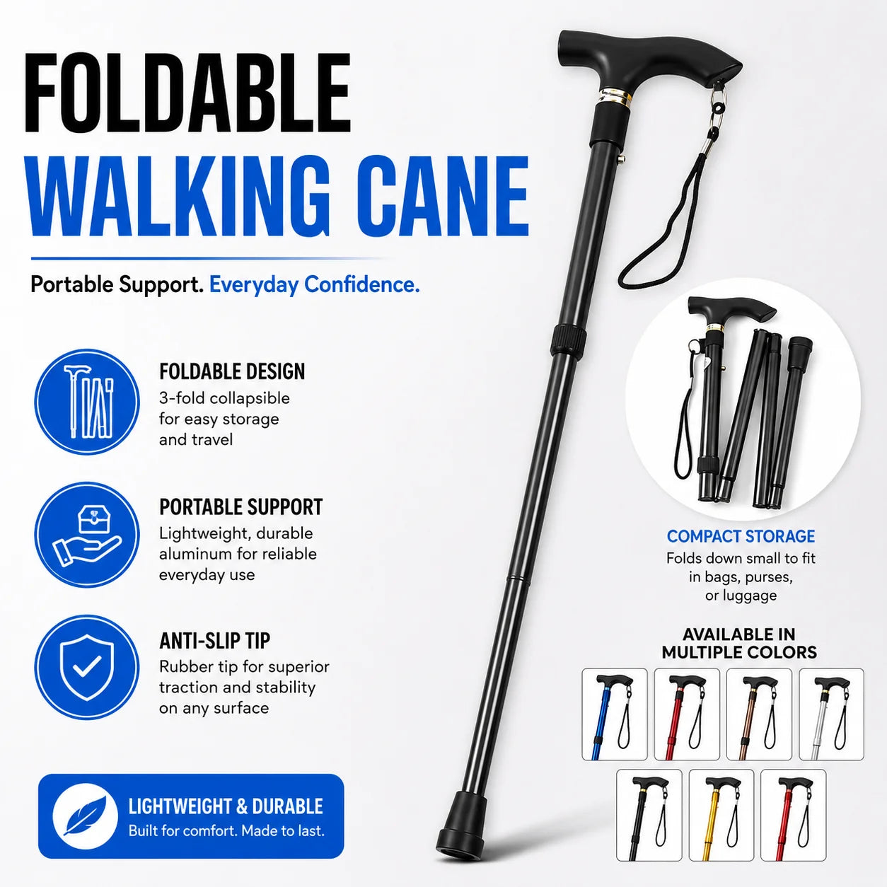 Foldable Walking Cane Adjustable Lightweight Aluminum Travel Cane T Handle Anti Slip Rubber Tip Portable Stick Senior Travel Aid