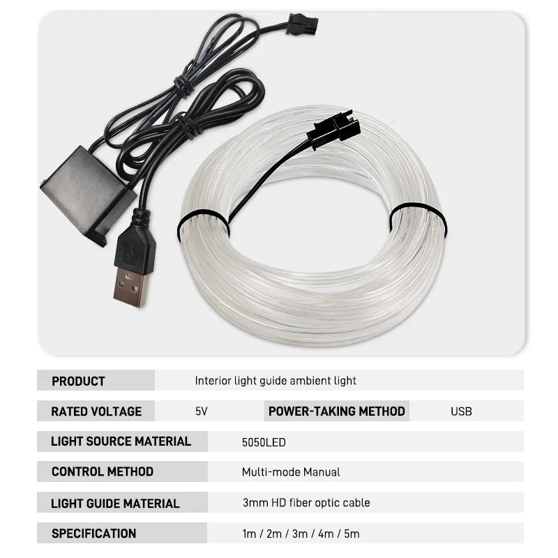1/2/3/4/5M LED Decorative Lamp, Flexible Neon Cable Strip, USB Interior Lighting for Vehicles, Party Mood Diode, Ambient Lights