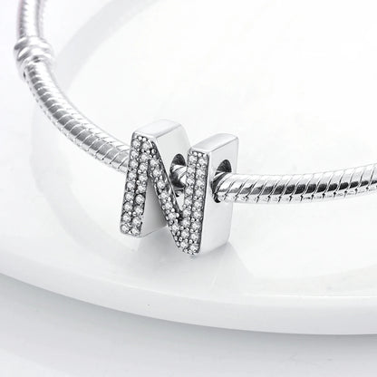 Original 925 Sterling Silver 26 Alphabet Letters Sparkling Zircon Charms Pendant Beads For Women Fine DIY Birthday Jewelry Gifts