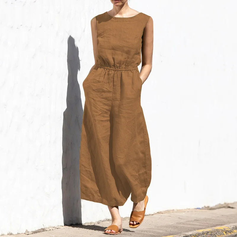 Cotton And Linen Jumpsuit Women Solid Color Sleeveless Pocket High Waist Wide Legs Jumpsuits Casual Commuting Ladies Bodysuits