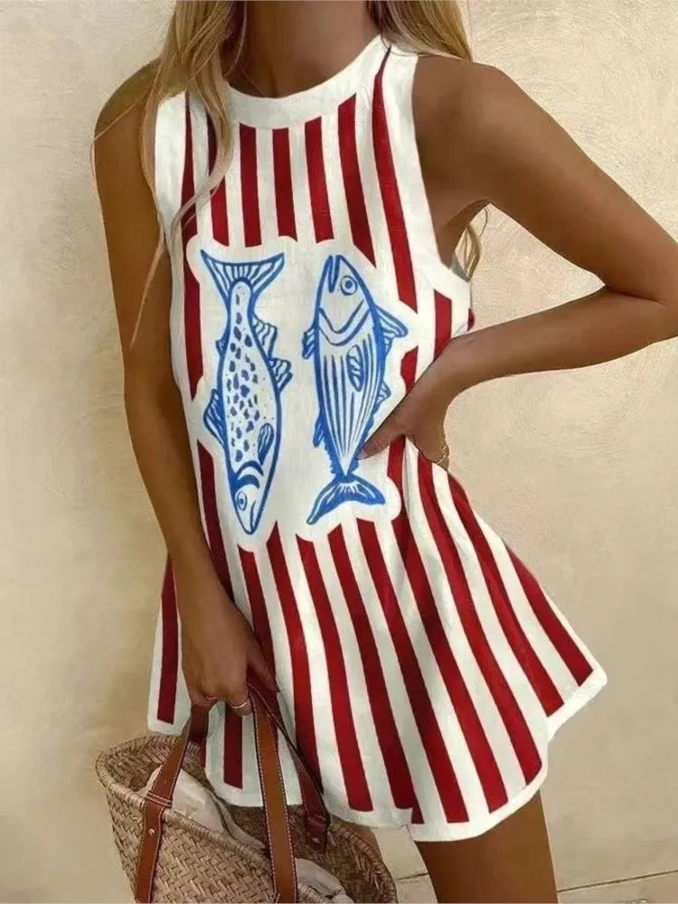 2025 Summer Casual print loose mini Dresses For Woman Fashion Beach Marine elements Dress o-neck  Sleeveless party Dress