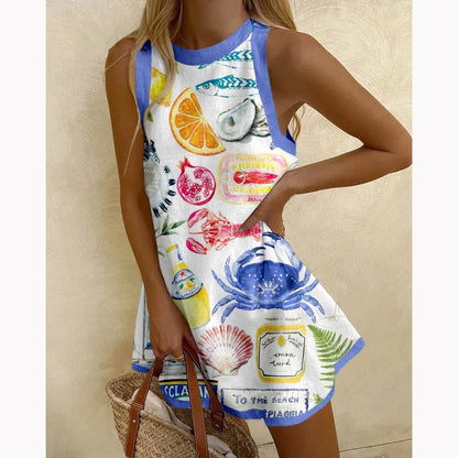 2025 Summer Casual print loose mini Dresses For Woman Fashion Beach Marine elements Dress o-neck  Sleeveless party Dress