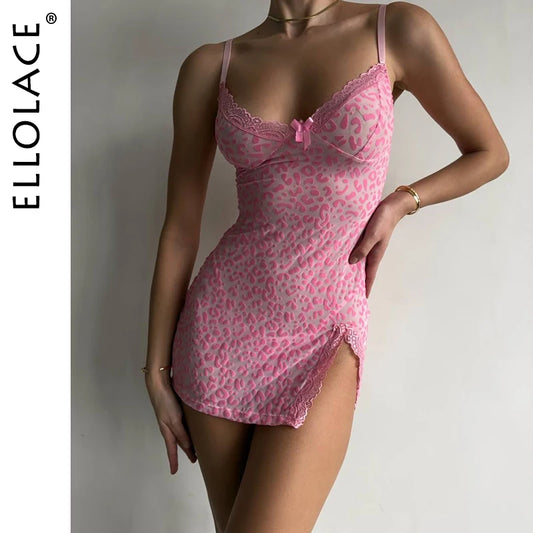 Ellolace Sensual Women's Dress Beautiful Deep-V Neck Lace Split Sets Sheer Leopard with Thongs Sleepwear Babydoll Party Mini Kit