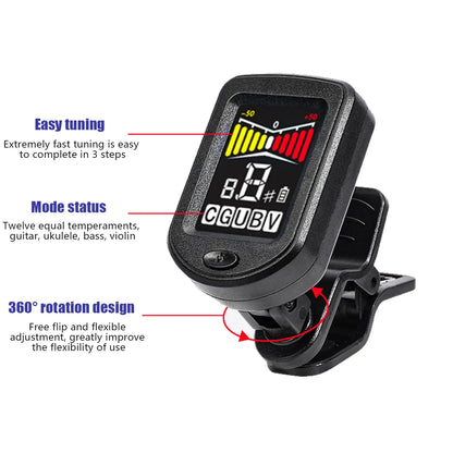 Electronic Clip-On Digital Guitar Tuner Colorful LCD Screen for Violin Bass Ukulele Chromatic Tuning Modes Bass