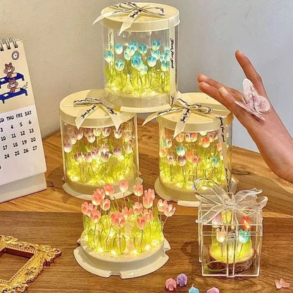 DIY Tulip Lamp Simulation Flower Sea Cake Box Bedroom Sleeping Table Lamp Handmade Craft Decor Tulips Night Light Birthday Gift