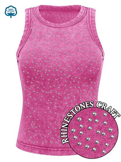 100% Cotton Solid Color Women Washed Vest Y2K Casual Tank Top Street Sleeveless Clothes Summer Rhinestone Craft Sportswear