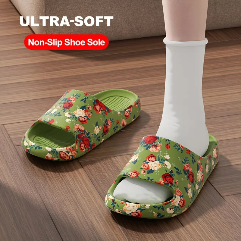Women Men Floral Slide Sandals Plus Size Soft Slippers Thick Sole Non Slip Beach Shoes Casual Summer Indoor Outdoor Footwear