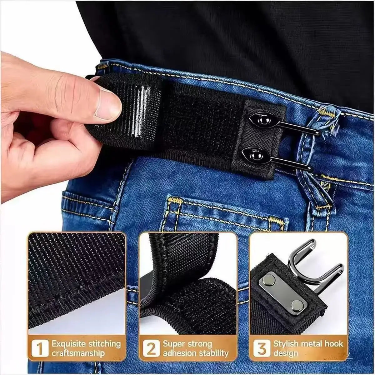 Adjustable Elastic Waistband Buckle with Magic Tape & Metal Hooks