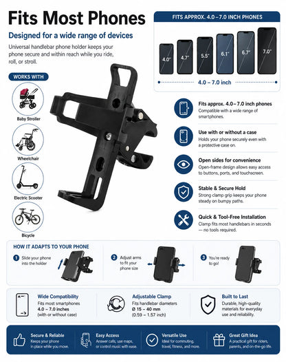 Universal Handlebar Phone Holder Adjustable Bike Scooter Stroller Wheelchair Mount Clamp Stand for 4.0-7.0 Inch Smartphones Uses