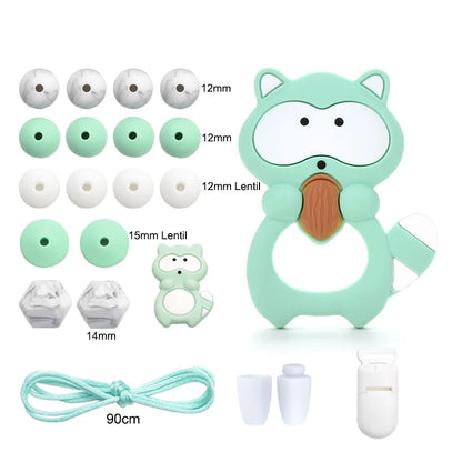 LOFCA Silicone Teether Wood Beads Set BPA Free DIY Baby Teething Necklace Toy Cartoon Koala Raccoon Pacifier Chain Clip