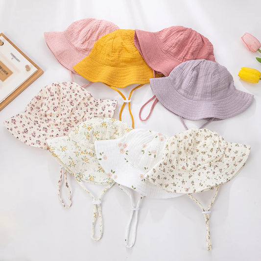 Floral Print Baby Bucket Hats Adjustable Solid Caps for Infant Boys Girls Sunscreen Outdoor Beanies Beach Fishing Headwraps