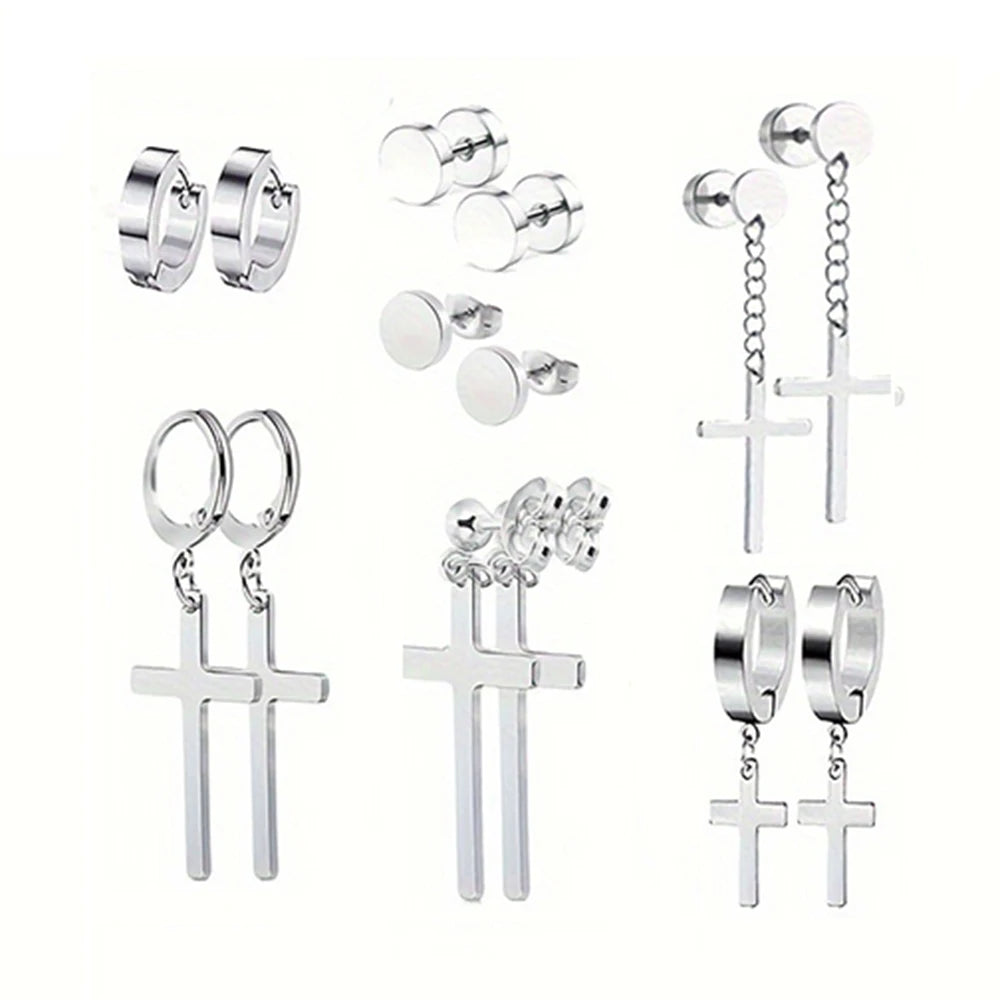 7 Pairs Stainless Steel Dangle Hoop Earrings For Men, Punk Cool Stud Earring