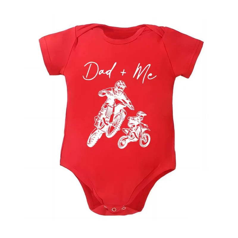 "Dad + Me" Cartoon Motorcycle Print Short Sleeve Newborn Baby Bodysuit Toddler & Infant Boy's Onesie for Summer Clothing