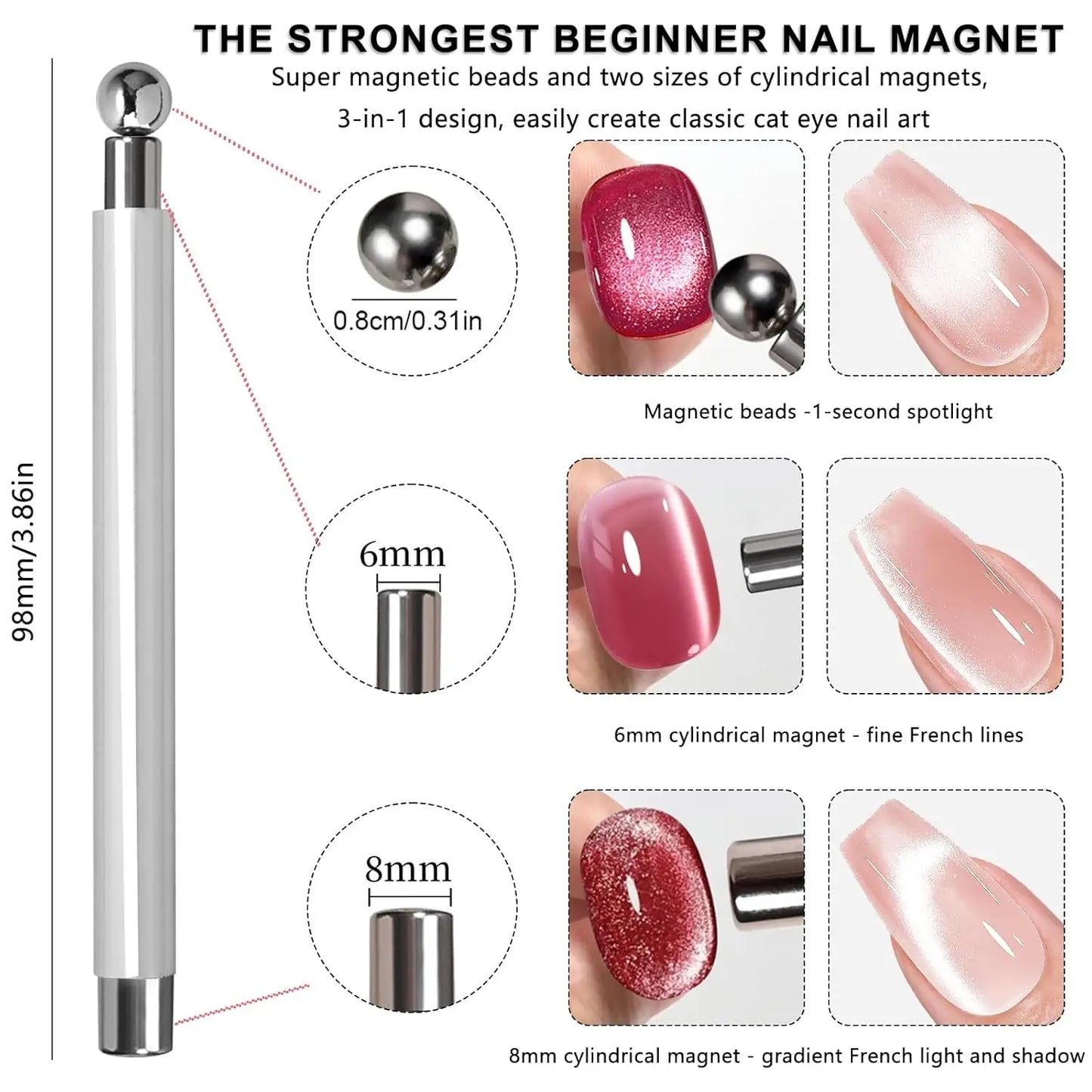 1/2Pcs Nail Cat Eye Magnetic Ball With Nail Magnetic Stick Tool Set Double-head Strong Magnet Pen 3D Cat Eye Gel Nail Supplies