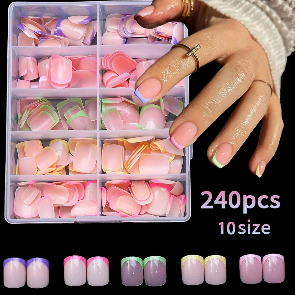 120/240Pcs French Short Square False Nails 12-Sizes Full Cover Press On Nail Glossy French Fake Fingertips for Women DIY Nails &
