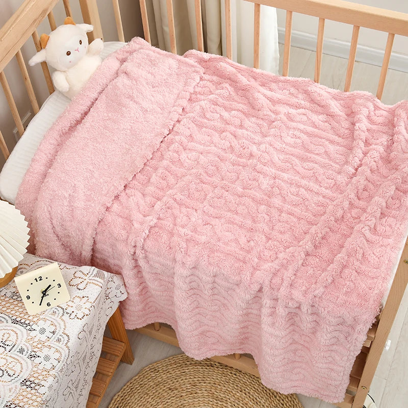 1 Coral Fleece Blanket for Babies and Children - Ultra Soft Striped Warm Parabolic Design, All-Season Bedding, Suitable for Nursery, Infants, Toddlers, and Teenagers (White/Pink/Blue) Nap Blanket, Essential for a Cozy Bedroom