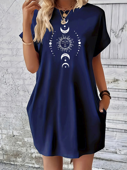 Ladies' summer loose sun moon planet pattern printed round neck short sleeved pocket comfortable casual plus size dress