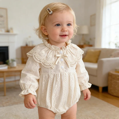0-2Yrs Newborn Bodysuit Spring Autumn Clothes Baby Romper Lapel Collar Princess Bow Romper Long Sleeves Infant Girl Jumpsuit