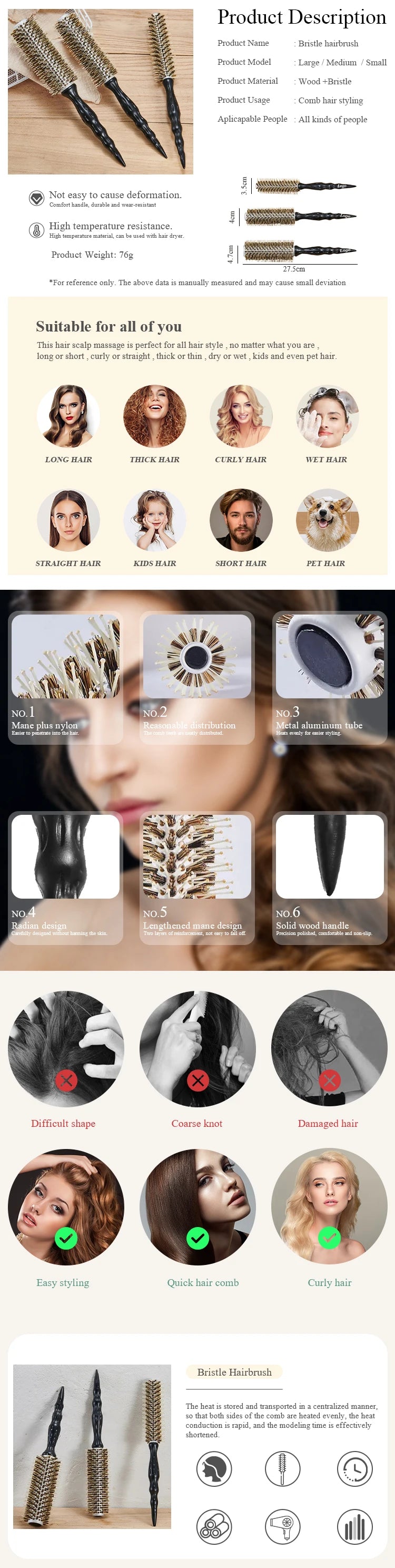 Round Hairbrush Anti Static Wood Boar Bristle Round Brush Hairdresser Styling Tools Teasing Brush For Curly Hair Comb Brush