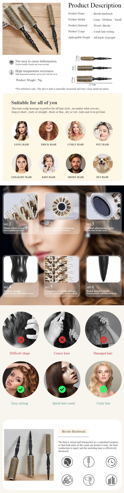Round Hairbrush Anti Static Wood Boar Bristle Round Brush Hairdresser Styling Tools Teasing Brush For Curly Hair Comb Brush