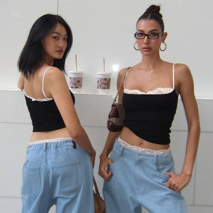 Cryptographic Summer Lace Trim Camisole Tops Club Party Outfits Backless Streetwear Sleeveless Crop Top Coquette Clothes