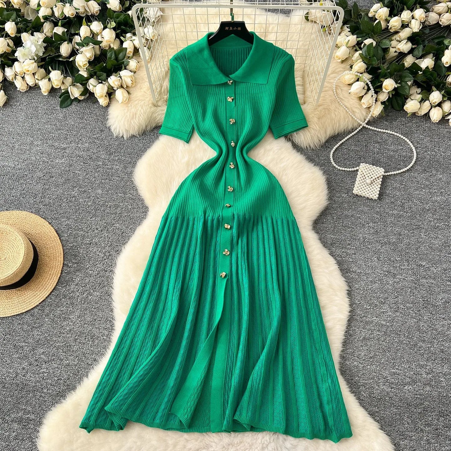 YuooMuoo Chic Fashion Elegant Patchwork Knitted Maxi Dress 2025 Summer Lady Turn-down Collar Shirt Sweater Dress Party Vestidos