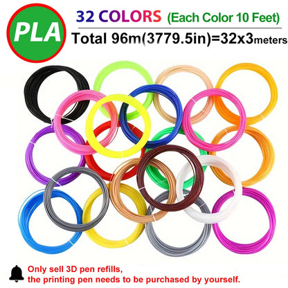 32/15/10 Colors 3D Pen Filament Refills 1.75mm PLA, Each Color 10Feet(3m), Total 320/150/100 Feet (96/45/30m), Random Color