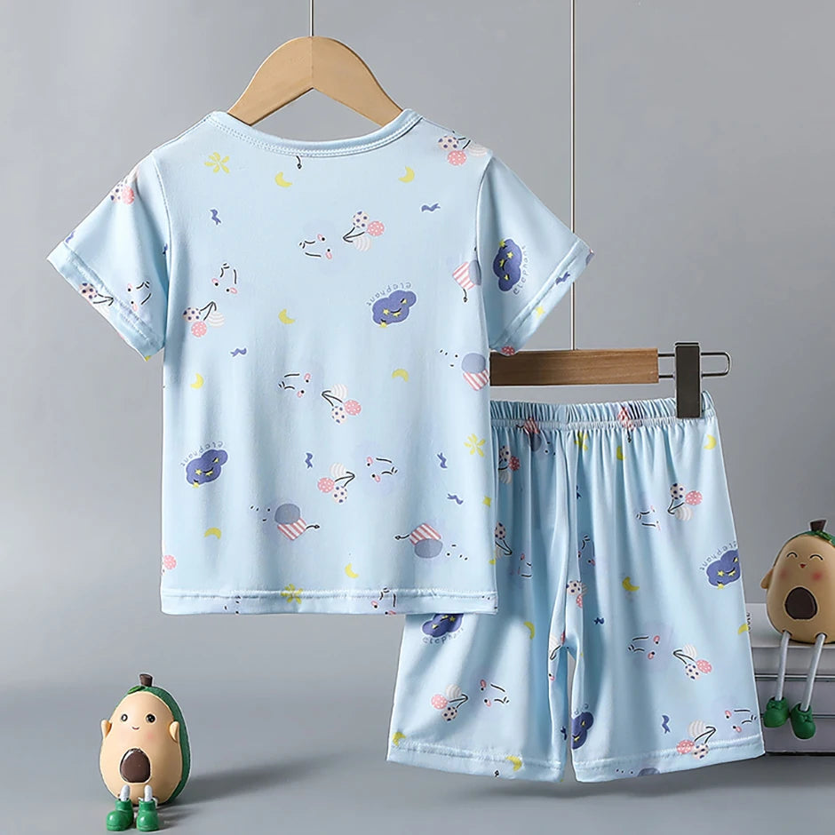 2-piece children's summer cute cartoon printed short sleeved shorts set for boys and girls casual and comfortable T-shirt shorts