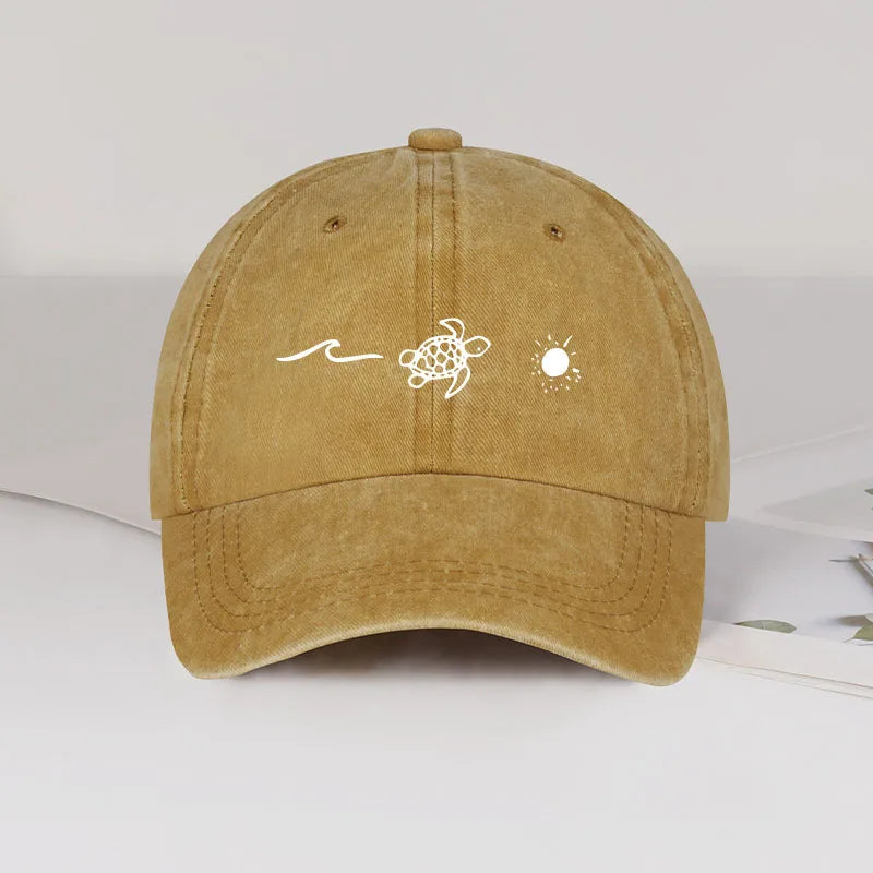Retro Washed Baseball Cap with Wave, Turtle, and Sun Print – Unisex Adjustable Dad Cap – Summer Beach Sun Hat