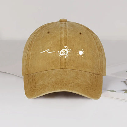 Retro Washed Baseball Cap with Wave, Turtle, and Sun Print – Unisex Adjustable Dad Cap – Summer Beach Sun Hat