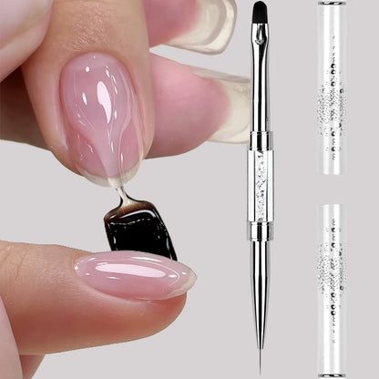Pro Dual-Ended Builder Gel Nail Art Brush Rhinestone Handle for Painting French Tip Nail Brush Polish Gel Liner Manicure Tools