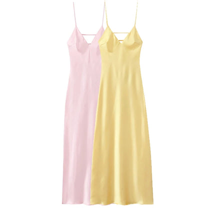 HXAO Womens Yellow Slip Dress Summer 2025 Woman Satin V-Neck Party Dresses Elegant Evening Sleeveless Backless Long Vestidos 066