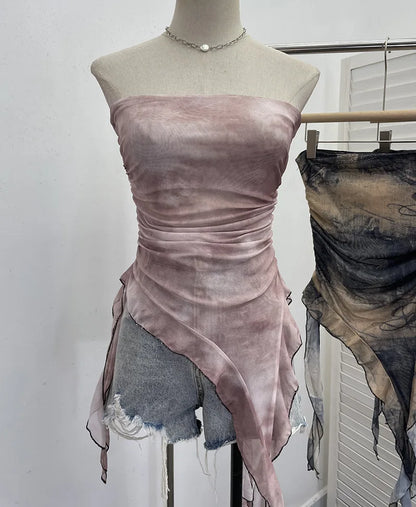 Women's Tie Dye Ruffled Ribbon Mesh Tube Top Irregular Mesh Sleeveless Tube Top Sexy Backless Vest Party Leisure Essential 9956