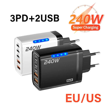 240W 5 Ports USB C PD Charger Quick Charge 3.0 Type C USB Charger Fast Charging Adapter For iPhone Samsung Xiaomi Huawei Tablet