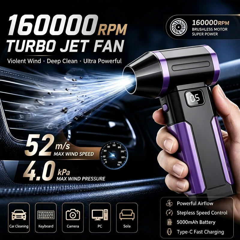 160000RPM High Power Turbine Dust Fan Long-Lasting Turbo Fan X8 Handheld Portable Rechargeable Dust Cleaning Fan Pet Hair Dryer