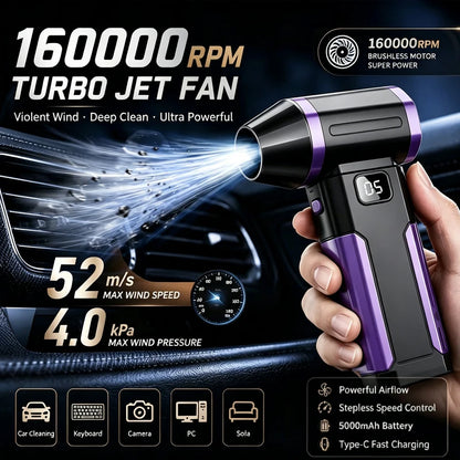 160000RPM High Power Turbine Dust Fan Long-Lasting Turbo Fan X8 Handheld Portable Rechargeable Dust Cleaning Fan Pet Hair Dryer