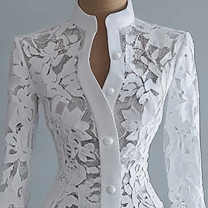 Women's Floral Lace Hollow Out Elegant Dress Solid Single-breasted Turtleneck Autumn Long Sleeve Cardigan Outwear Midi Dresses