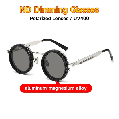 ND Dimming Glasses Polarized Sunglasses Men Women Round Retro Punk Driving Eyeglasses Outdoor Shades UV400 Adjustable Eyewear
