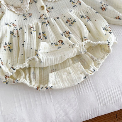 2025 Spring Newborn Infant Baby Girls Romper+Hat 2PCS Lapel Floral Rompers Kids Fashion Baby Clothing Newborn Baby Girl Jumpsuit