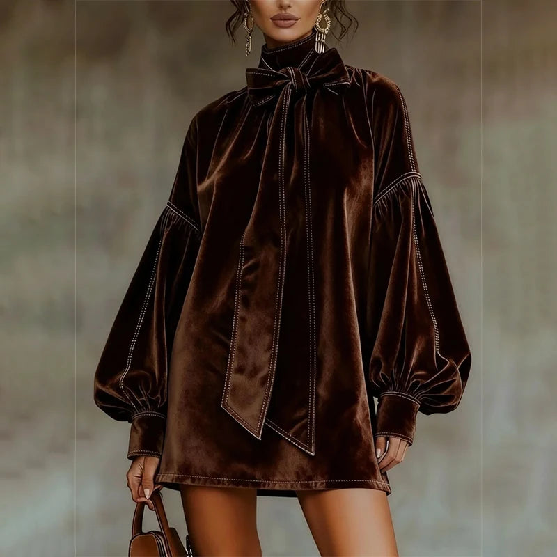 American Retro High Collar Lantern Sleeve Long Sleeve Bow Tie Elegant Velvet Women Mini Dresses Casual Autumn High Street Dress