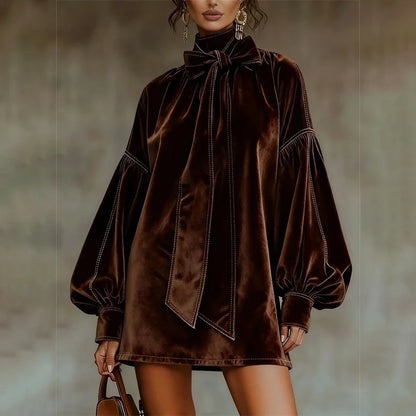 American Retro High Collar Lantern Sleeve Long Sleeve Bow Tie Elegant Velvet Women Mini Dresses Casual Autumn High Street Dress