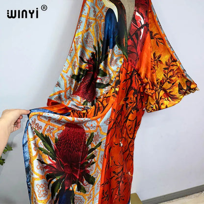 Sexy bech high-quality hand-rolled feel silk rayon fashion print 2021 WINYI Maxi women's robes long beach V-neck Bohemian dress