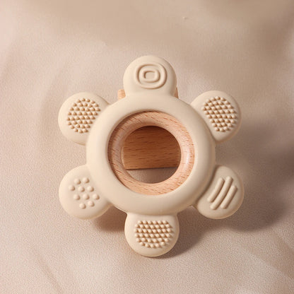 hot sale Baby wooden teether flower silicone teether Food Grade Safe Teether with wooden ring  Toy Teething gift
