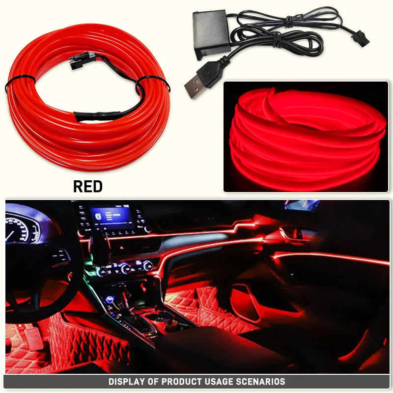 1/2/3/4/5M LED Decorative Lamp, Flexible Neon Cable Strip, USB Interior Lighting for Vehicles, Party Mood Diode, Ambient Lights